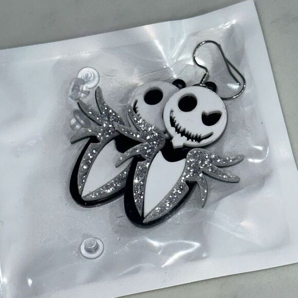 Jack Skellington black white and glitter drop earrings | Sz OS, New - Picture 4 of 4
